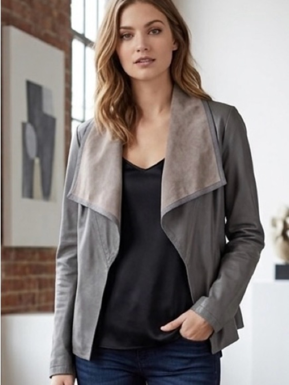 DKNY Women's Lamb Leather Draped Collar Jacket
